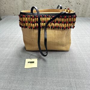 Boho Cole Haan‎ Woven Straw Tote Purse Wooden Beads Beach Vacation Artistic New